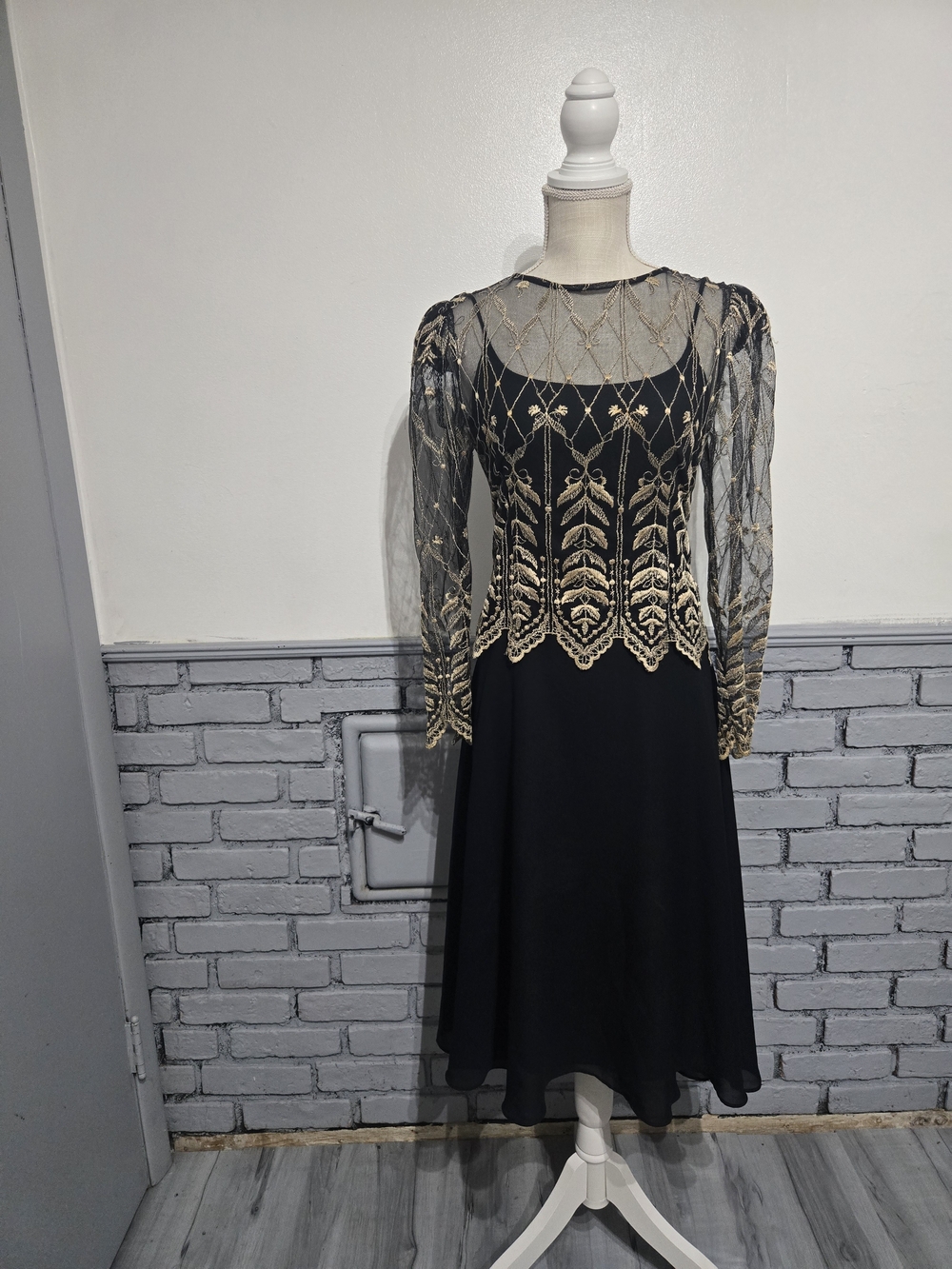 Black Long-Sleeve Dress with Gold Embroidered Mesh Overlay